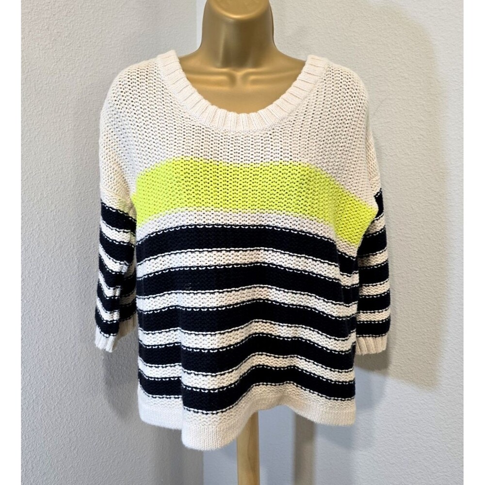 Pure Handknit Cotton Sweater Med Chunky Knit Lace Up Stripe Blue Yellow Nautical